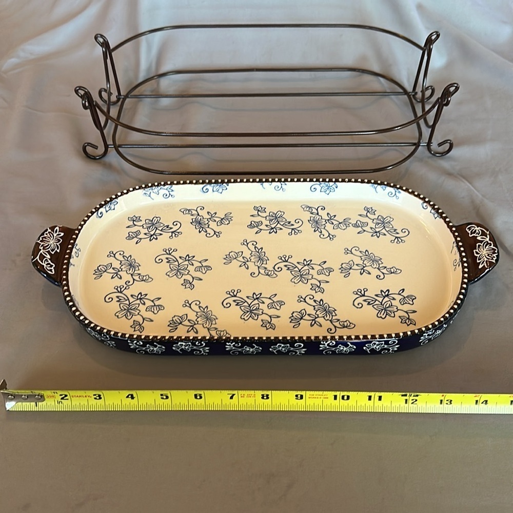 2 Piece Temptations Floral Lace Cobalt Blue 3.0 Qt Lid-It Serving Dish & Rack - Picture 5 of 8